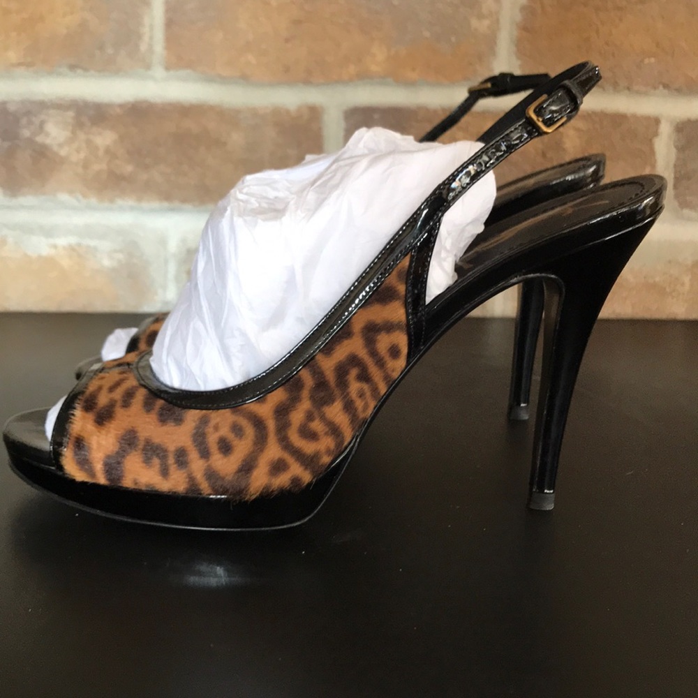 YSL 38.5 pony hair and patent leopard heels